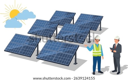 Investor consulting with engineer at a solar power plant while discussing investment opportunities in renewable energy under bright sunlight isometric cartoon