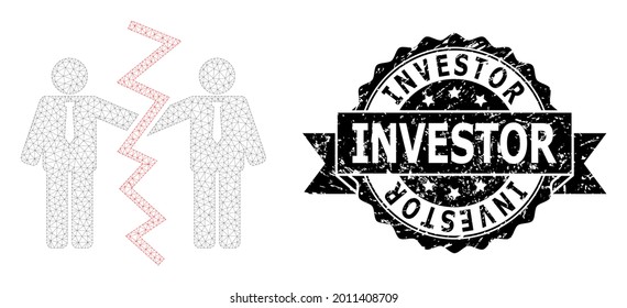 Anleger korrodierte Stempelrobbe und Vektorkaufleute Scheidung der Maschenstruktur. Das schwarze Siegel enthält Investor-Text in Band und Rosette. Abstrakte flache Geschäfte Männer Scheidung, aus flachen Maschen.