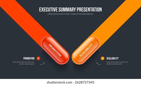 Investor Development Presentation Layout Vector Illustration. Professional Plan Two Option Diagram Frame Template. Creative Performance 2 Element Infographic Slide Design.