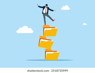 Investor falling from stack of unstable files folders. Unstable online data, risky situation file management. Modern vector illustration in flat style