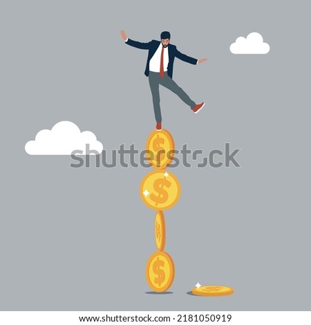 Investor falling from stack of unstable money coins. Unstable investment market, risky situation or economic recession, crisis or bankruptcy.