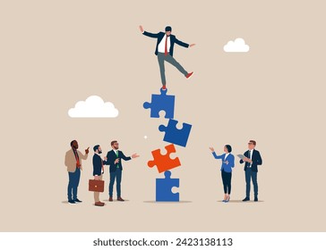 Investor falling from stack of unstable puzzle. Unstable cooperation, risky situation. Flat vector illustration