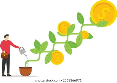 Investor finish watering growing money plant seedling with coin flower. Financial and investment growth, increase earning profit, success in wealth management.

