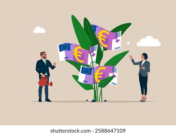 Investor finish watering growing money plant seedling with euro banknotes flower. Financial and investment growth, increase earning profit, success in wealth management.