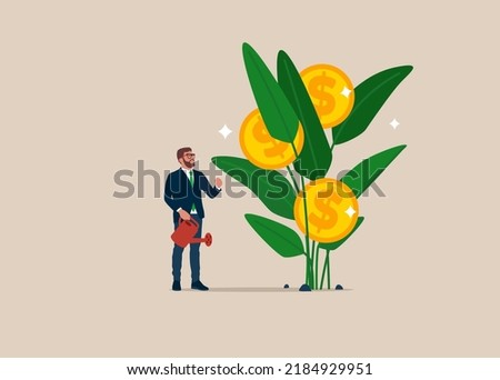 Investor finish watering growing money plant seedling with coin flower. Financial and investment growth, increase earning profit, success in wealth management.