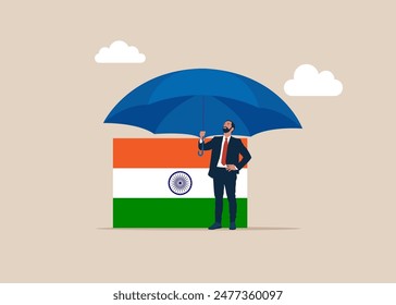 Investor with flag India covered by big umbrella. Insurance and finance saving protection in economy crisis in India, safety investment or all weather portfolio. Flat vector illustration