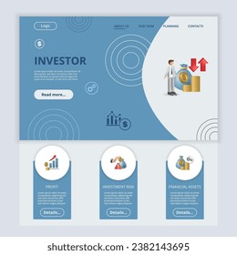 Investor flat landing page website template. Profit, investment risk, financial assets. Web banner with header, content and footer. Vector illustration.