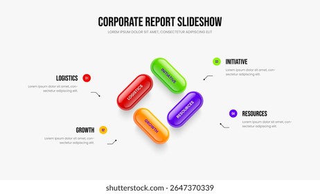 Investor Forecast 4 Element Diagram Slide Design. Advertising Overview Frame Layout Vector Illustration. Service Plan Four Option Infographic Presentation Template.