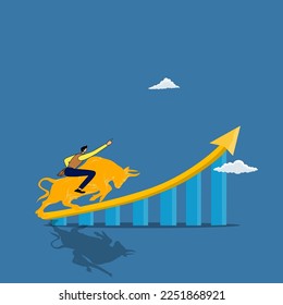 investor gain more profit  ,stock market bull market, financial asset value up, Businessman riding bull running on rising graph.