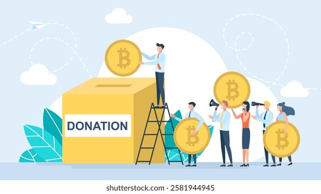 Investor hand throwing bitcoin coin into piggy bank. Donation. People putting cryptocurrency into piggy bank. Crypto currency savings, bitcoin defensive asset, concept banner. Vector illustration