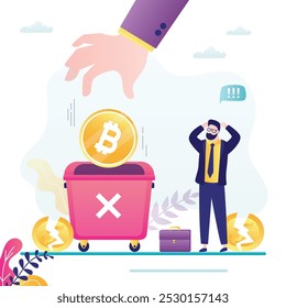 Investor hand throws bitcoin into trash, depreciation crypto currency. High volatility of crypto assets leads to bankruptcy. Businessman sells cryptocurrency, price falls rapidly. Vector illustration