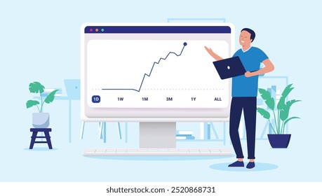 Investor happy with stock price going up - Man with laptop computer looking at rising chart, smiling over success and luck in investing. Flat design vector illustration