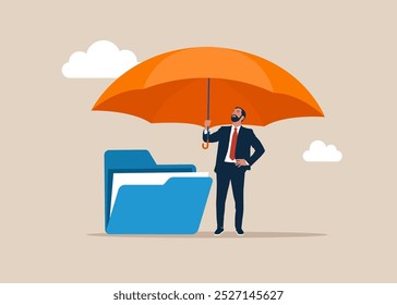 Investor with his file folder safety money covered by big umbrella. Insurance and finance saving protection in economy crisis, safety investment. Flat vector illustration