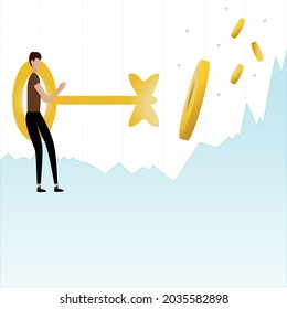  investor holds the golden key, opens the keyhole to increase profits, investments, the stock exchange, finance. Vector illustration for a website banner, marketing material, business presentation