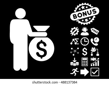 Investor icon with bonus design elements. Vector illustration style is flat iconic symbols, white color, black background.
