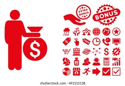 Investor icon with bonus design elements. Vector illustration style is flat iconic symbols, red color, white background.