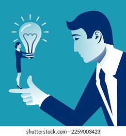 Investor idea. Businesswoman gives idea to the sponsor. Big Boss look the idea of an employee. Offers an investment opportunity. Concept business. Vector illustration flat design. Startup financing.
