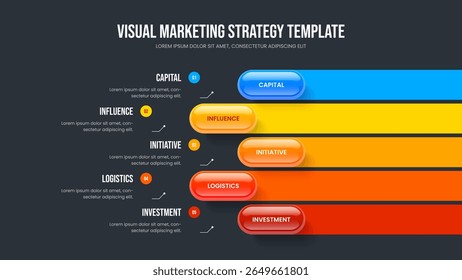 Vektorgrafik des Präsentationslayouts für Investoren-Innovation. Kreative Analyse 5 Element Infografik Frame Design. Folienvorlage für visuelle Visualisierung in fünf Schritten.