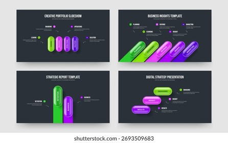 Investor Insight Cuatro Cinco Dos Tres Opciones Infografía Presentación Plantilla Ilustración vectorial Paquete. Desarrollo de marketing 4 5 2 3 Colección de diseño de presentación de diapositivas de diagrama de elementos.