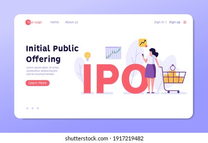 Investor invests in new share and IPO. Concept of initial public offering, return on investment, financial solutions, passive income. Vector illustration in flat design for web banner, landing page
