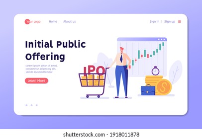 Investor invests in new share and IPO. Concept of initial public offering, return on investment, financial solutions, passive income. Vector illustration in flat design for web banner, landing page