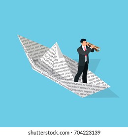 Investor. Isometric business concept. 3d businessman with a telescope sailing in a paper boat. Vector illustration.