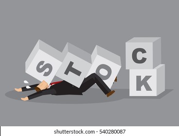 Investor knocked down and got stuck by fallen letter blocks that spelled Stock. Creative vector illustration on concept for effect of stock market crash for investors and businesses.