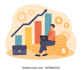 Inversor con laptop. El hombre se sienta en pilas de monedas. Ganar dinero en Internet, alfabetismo financiero. Gráficos, gráficos, informes, crecimiento de ingresos. Cálculo del concepto de beneficios. Dibujo vectorial plano de dibujos animados