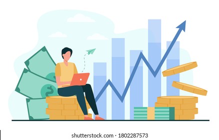 Investor with laptop monitoring growth of dividends. Trader sitting on stack of money, investing capital, analyzing profit graphs. Vector illustration for finance, stock trading, investment concept