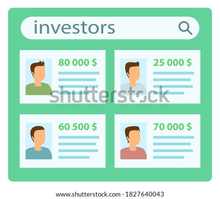 Investor list presentation poster vector illustration. Several candidates willing to invest in a business. Profiles of businessmen with photos and money. Business management and financial analysis