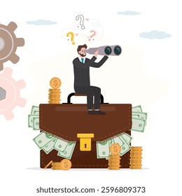 Investor looking for new ideas for investments. Venture fund, businessman sitting on giant business case with cash money. Investor uses binoculars and looking startups or profitable innovative ideas.