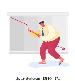 Investor Lose Money on Stock Market. Desperate Businessman Trying to Rise Up Decline Red Arrow on Chart Board. Anti-crisis Measures, Risk Management, Investment Fail Cartoon Flat Vector Illustration
