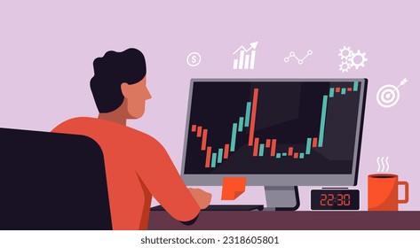 Anleger analysieren Anlagestrategie und schauen sich die Diagramme auf dem Computerbildschirm an, die Finanzrisiken, flache Vektorgrafik