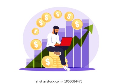 Investor man with laptop monitoring growth of dividends. Trader investing capital, analyzing profit graphs. Vector flat illustration.