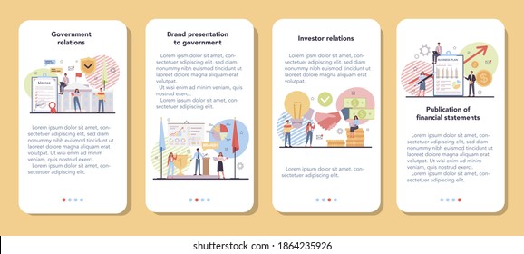 Investor mobile application banner set. Idea of financial support. Governement investing money in start up project. Brand presentation and business profit plan. Vector flat illustration