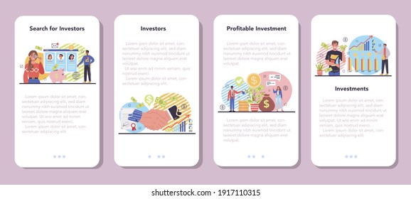 Juego de banners de aplicación móvil para inversores. Estrategia de inversión, análisis fundamental, deversificación, aumento de la inversión. Idea de apoyo financiero. Invertir dinero en proyectos. Ilustración plana del vector