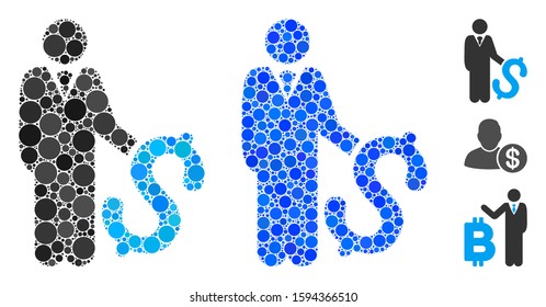 Investor mosaic of circle elements in different sizes and shades, based on investor icon. Vector circle elements are composed into blue illustration. Dotted investor icon in usual and blue versions.