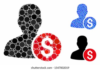 Investor mosaic of round dots in variable sizes and color tinges, based on investor icon. Vector round elements are composed into blue mosaic.  
