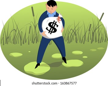 Investor On Shaky Ground. Worried Man, Holding A Money Bag Walking In A Swamp. Vector Cartoon, Illustration Investment Risks.