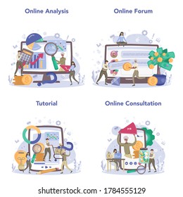 Investor online service or platform set. Idea of financial support. Investing money in project. Online analysis, forum, tutorial, consultation. Profit and success. Vector flat illustration