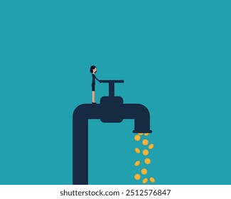 Investor opening water tap to let coin money flowing out

