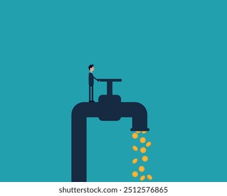 Investor opening water tap to let coin money flowing out

