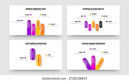 Colección de Ilustración vectorial de diseño de diapositivas de infografía de cuatro, dos y tres opciones. Publicidad Revisión 4 5 2 3 Diagrama de pasos Slideshow Plantilla Set.