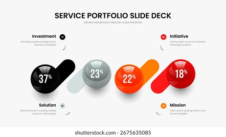 Ilustración vectorial de diseño de diapositivas de rendimiento del inversor. Lanzamiento financiero Diseño de presentación de gráfico de 4 pasos. Plantilla de marco de gráfico de cuatro opciones de desarrollo empresarial.