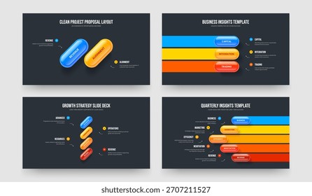 Investor Performance Zwei Drei Vier Fünf-Elemente-Infografik-Präsentation Layout Vektorgrafik-Illustration-Kollektion. Visual Visualization 2 3 4 5 Option Diagram Frame Template Set.