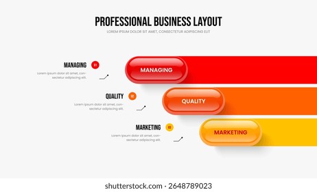 Investor Plan Frame Design Vector Illustration. Modern Overview Three Option Diagram Presentation Layout. Consulting Proposal 3 Step Infographic Slide Template.