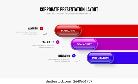 Investor Plan Three Step Infographic Frame Design. Marketing Development Slide Template Vector Illustration. Company Performance 3 Option Diagram Slideshow Layout.