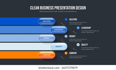 Investor Planning 5 Option Diagram Frame Layout. Visual Proposal Slide Design Vector Illustration. Creative Insight Five Step Infographic Slideshow Template.