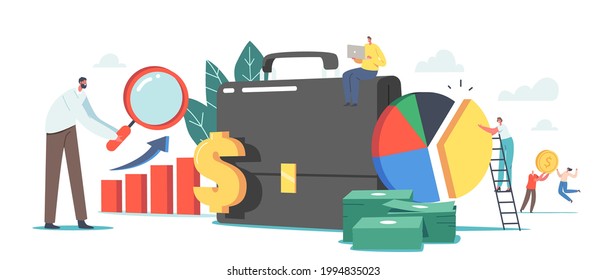 Investor Portfolio Financial Concept. Tiny Business Characters at Huge Briefcase with Magnifying Glass, Money Piles, Pie Chart and Grow Chart. Investments Revenue. Cartoon People Vector Illustration