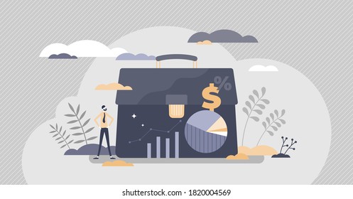 Investor portfolio as financial work history presentation tiny persons concept. Business document gallery with money investments and success rate vector illustration. Information collection folder.